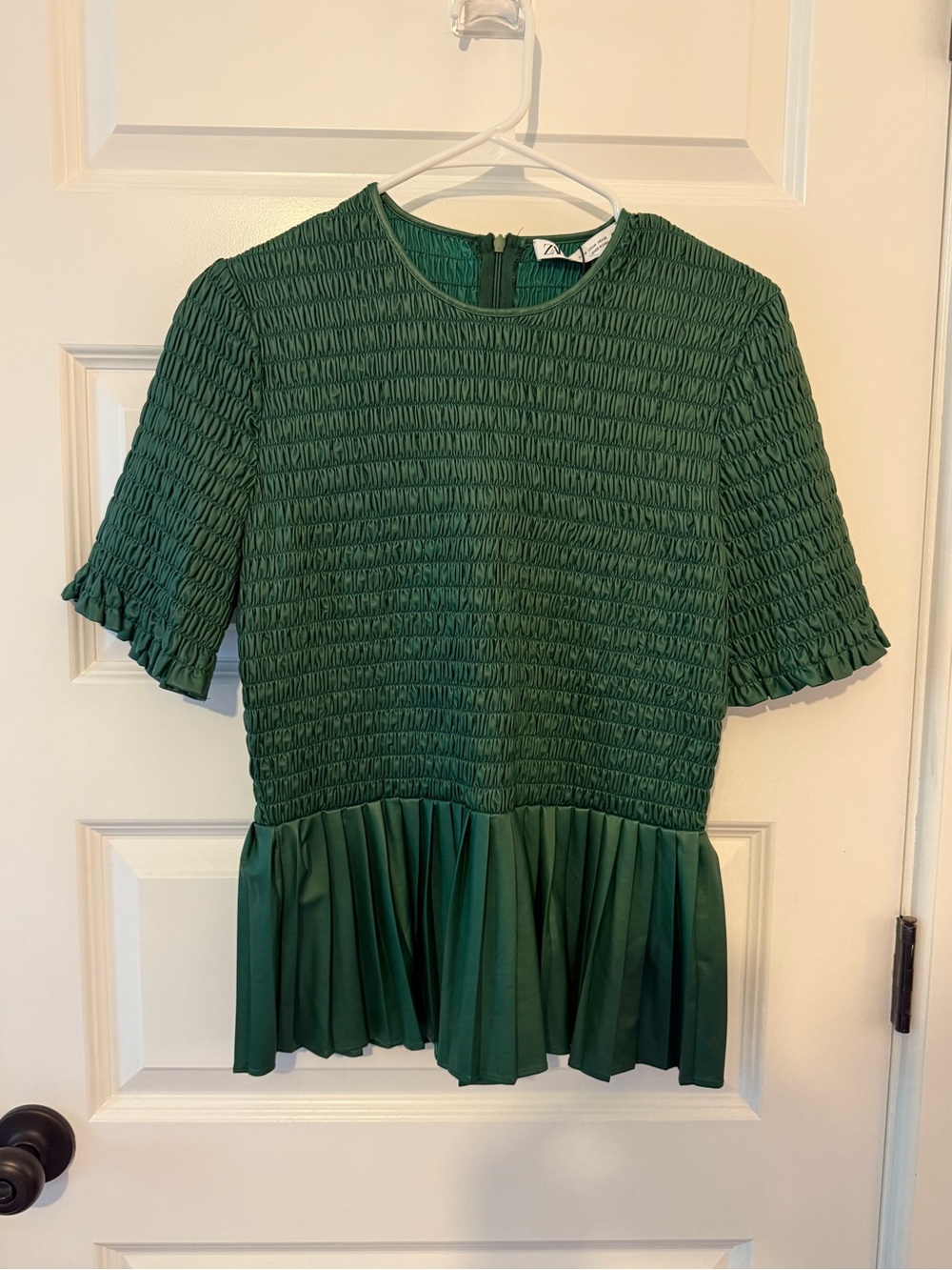 Zara vegan leather Emerald Smocked Peplum Blouse